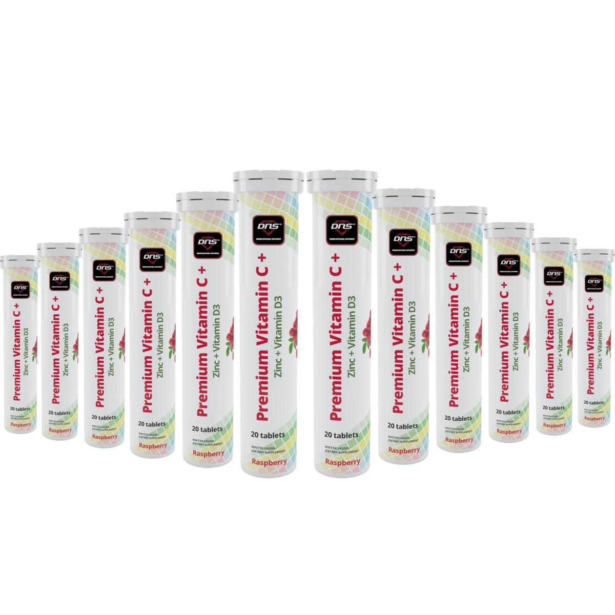 12-pack Premium Vitamin-C + Zinc + D3 1000 mg - Raspberry - 20 Brustabletter